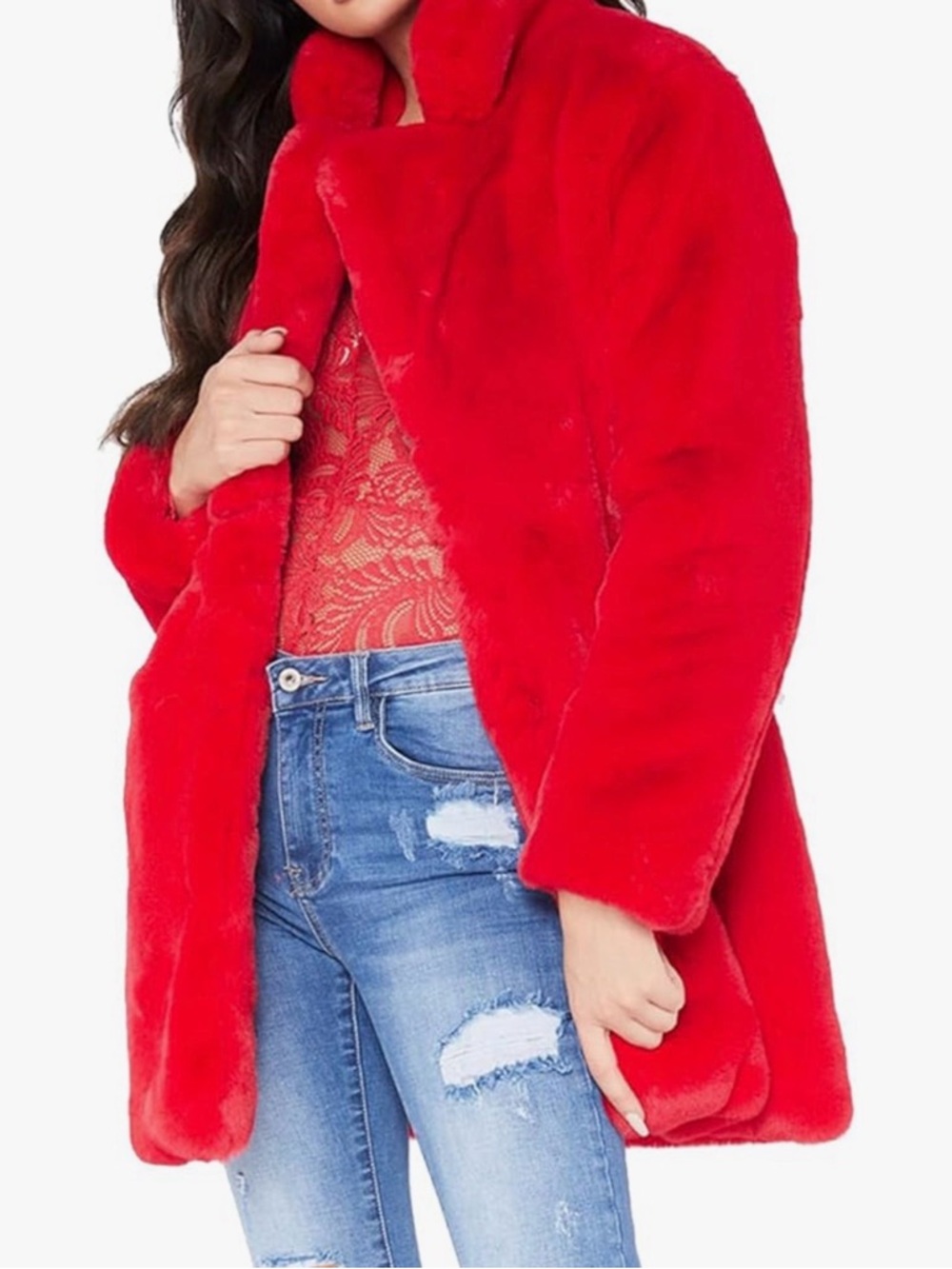 TOPONSKY Red Lapel Faux Fur Coat